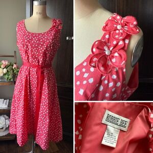 Vintage 90s Robbie Bee Dress Polka Dot Cotton Fit Flare Floral Accent Belted 10